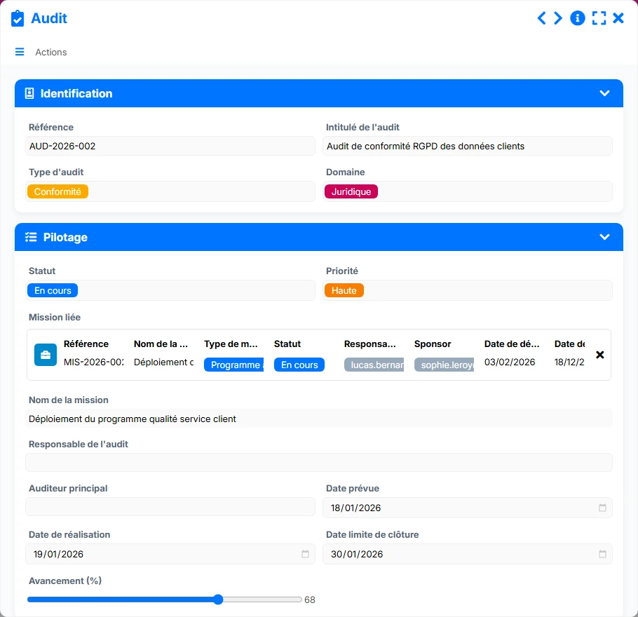 Suivi des audits - aperçu formulaire