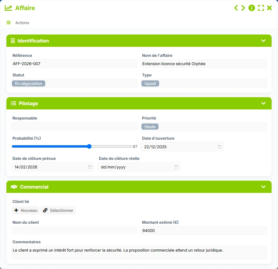 Suivi des clients - aperçu formulaire