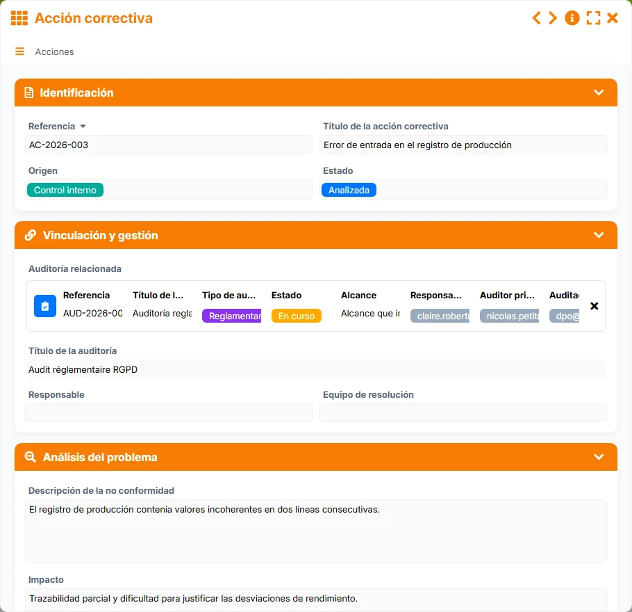 Seguimiento de la conformidad - vista previa del formulario