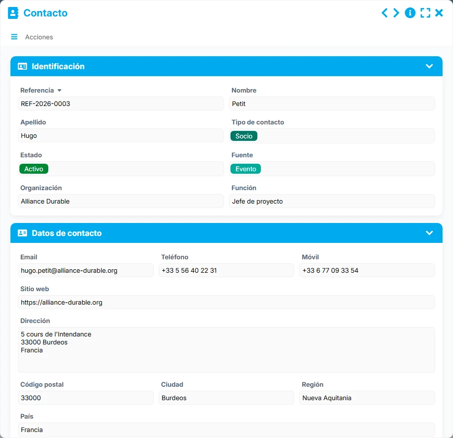 Seguimiento de contactos - vista previa del formulario