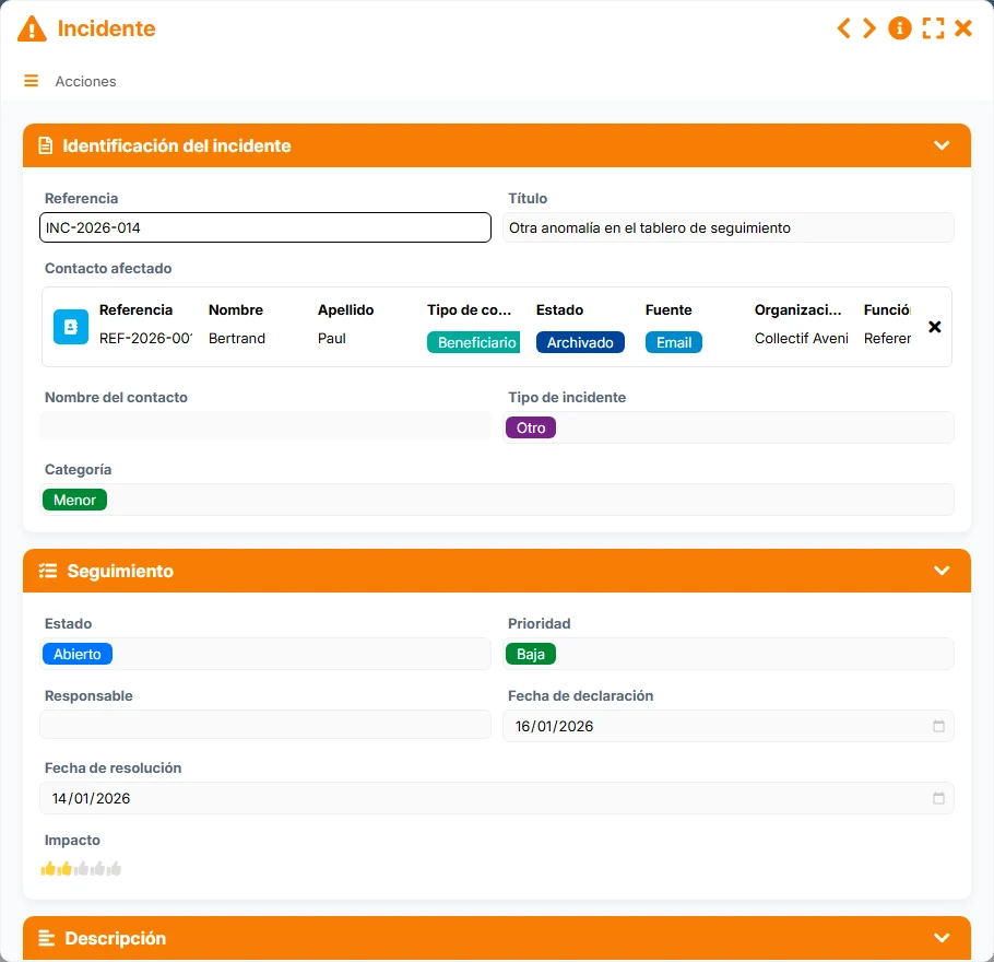 Seguimiento de contactos - vista previa del formulario