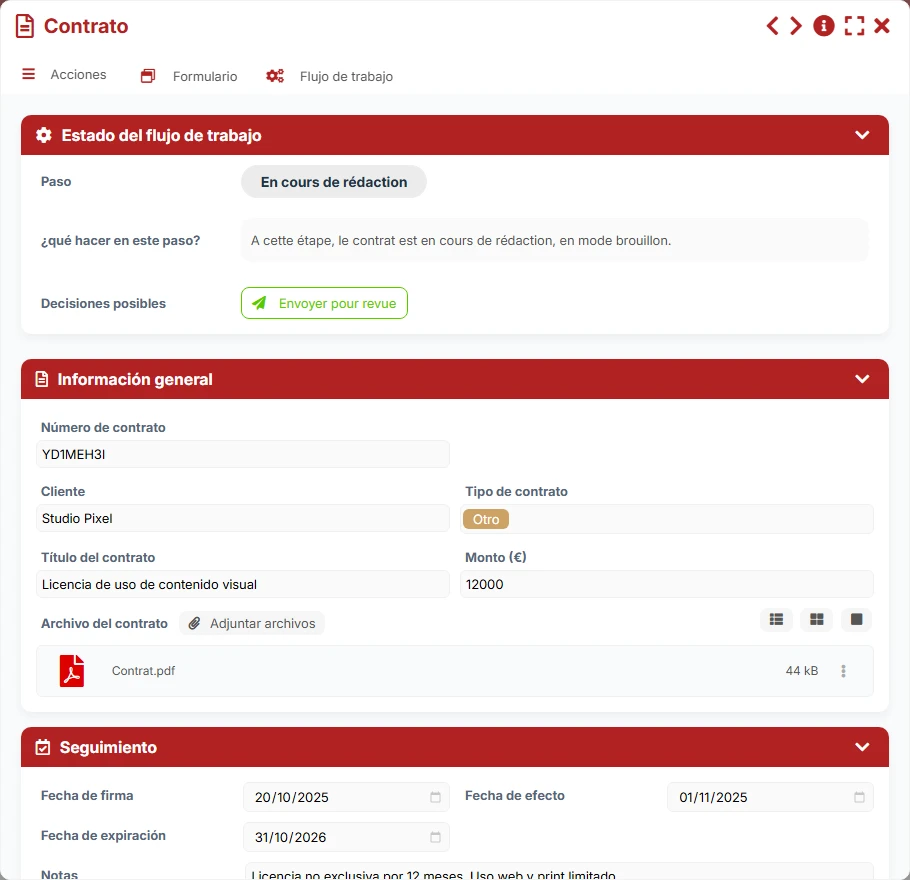 Seguimiento de contratos - vista previa del formulario