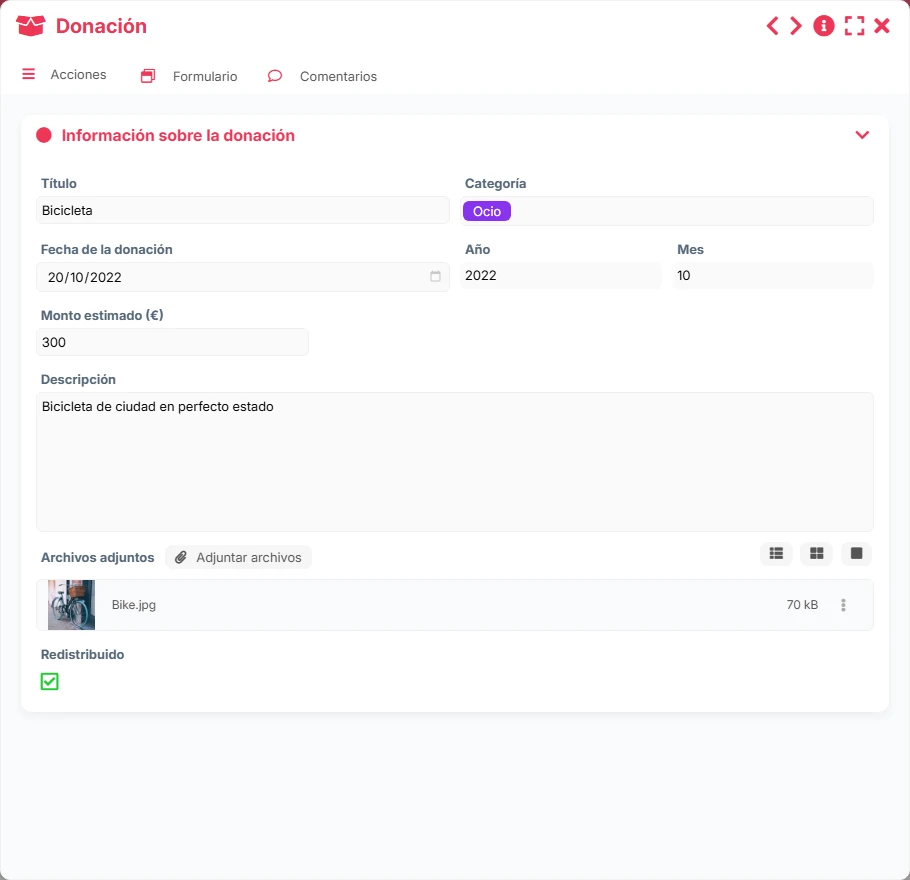 Seguimiento de donaciones - vista previa del formulario