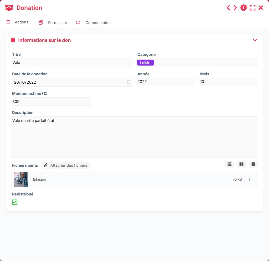 Suivi des donations - aperçu formulaire