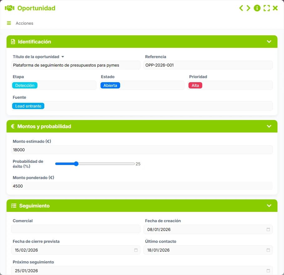 Seguimiento de leads - vista previa del formulario