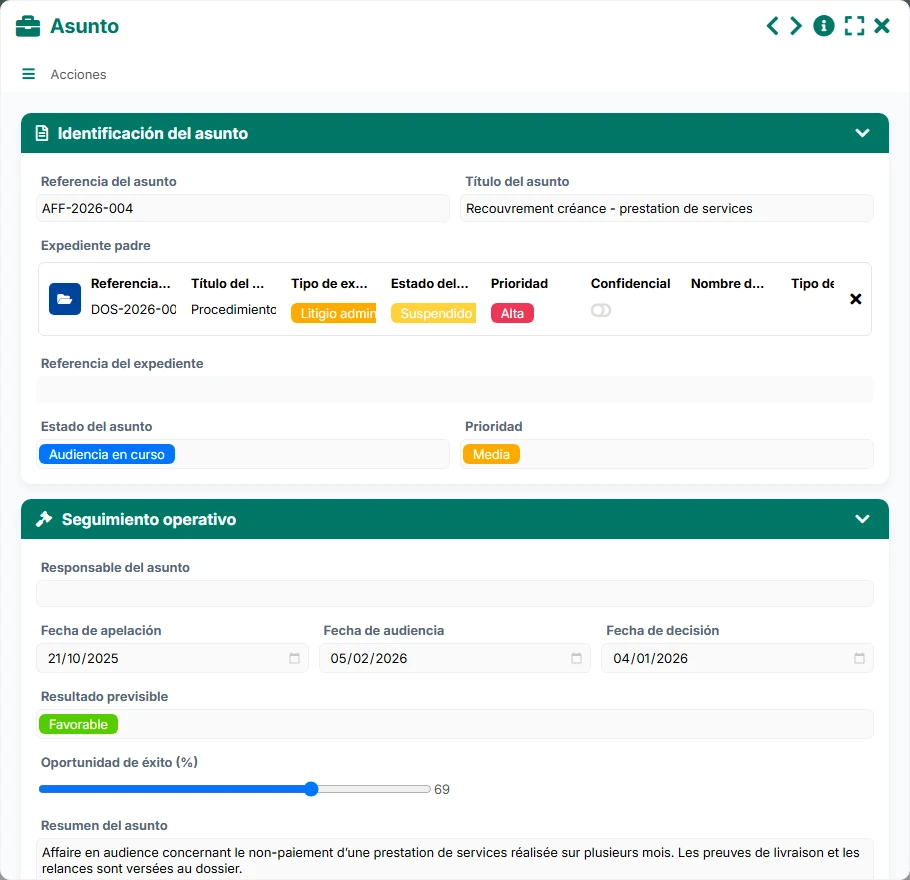 Seguimiento de litigios - vista previa del formulario