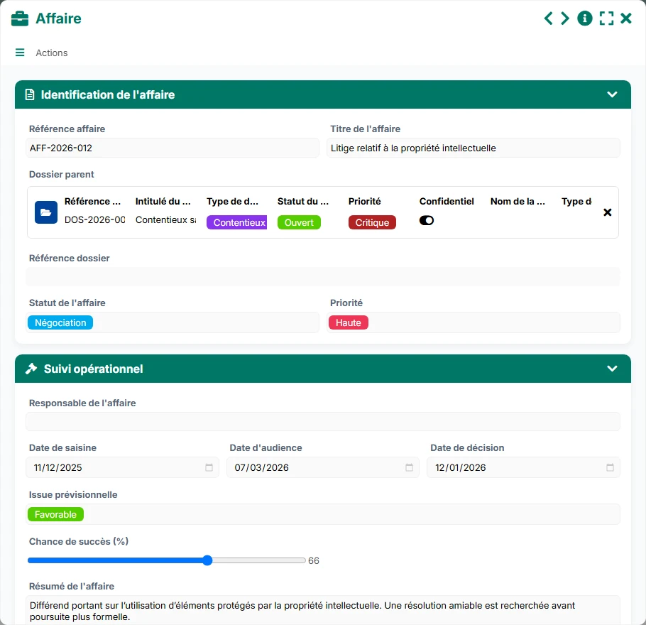 Suivi des contentieux - aperçu formulaire