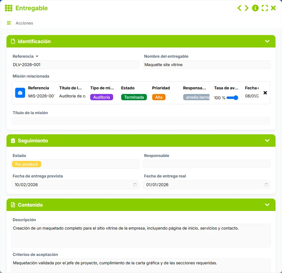 Seguimiento de misiones - vista previa del formulario