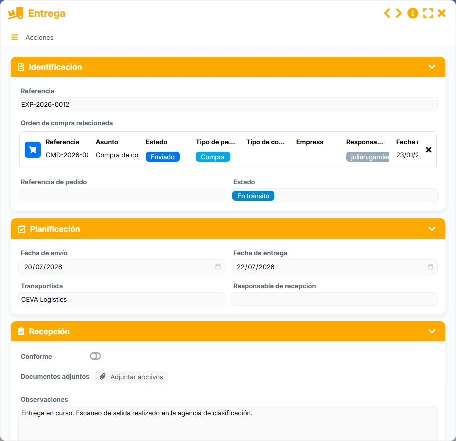 Seguimiento de pedidos - vista previa del formulario