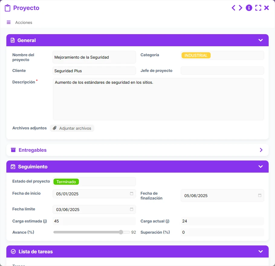 Seguimiento de proyectos - vista previa del formulario