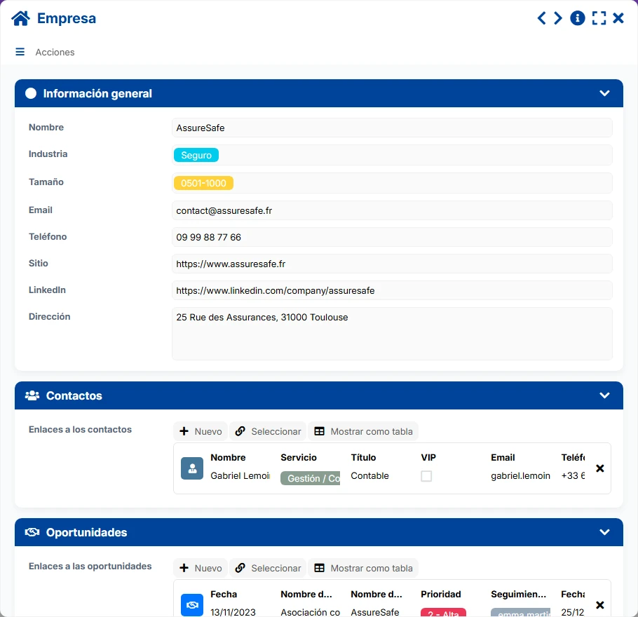 CRM de prospección - vista previa del formulario