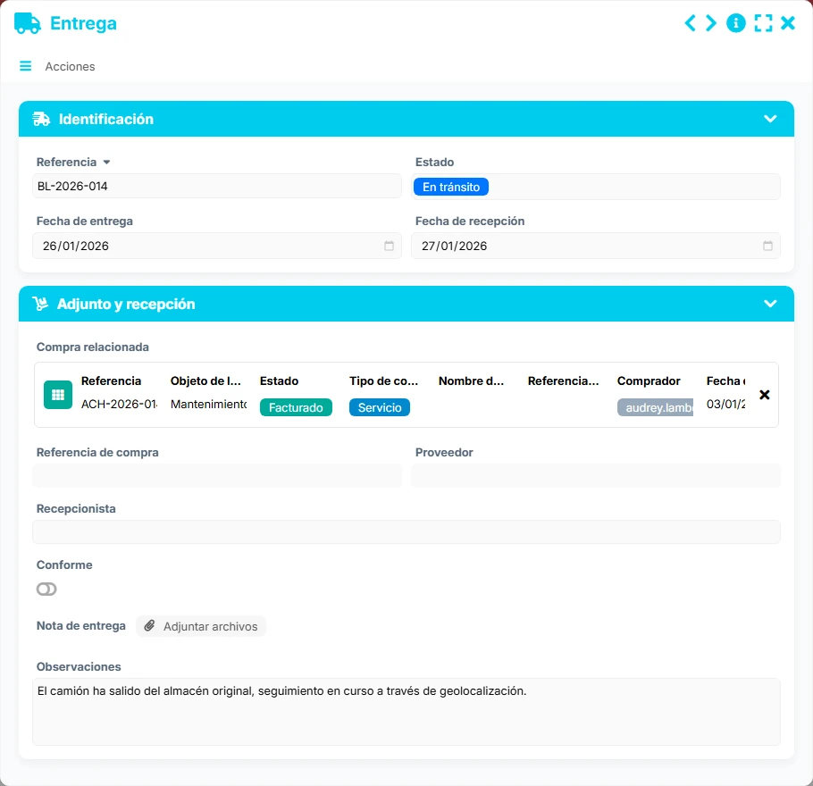 Seguimiento de compras - vista previa del formulario