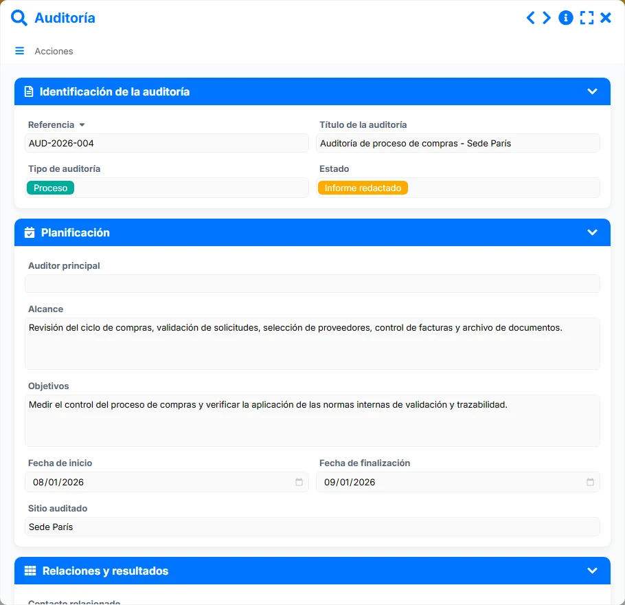Seguimiento de la calidad - vista previa del formulario