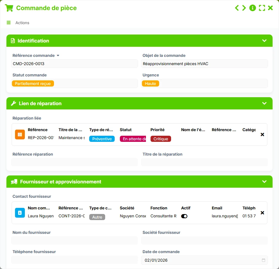 Suivi des réparations - aperçu formulaire