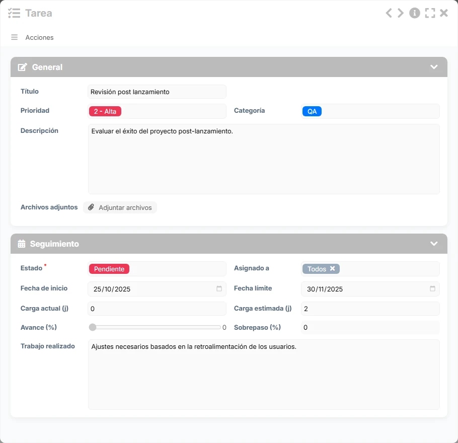 Seguimiento de tareas simplificado - vista previa del formulario