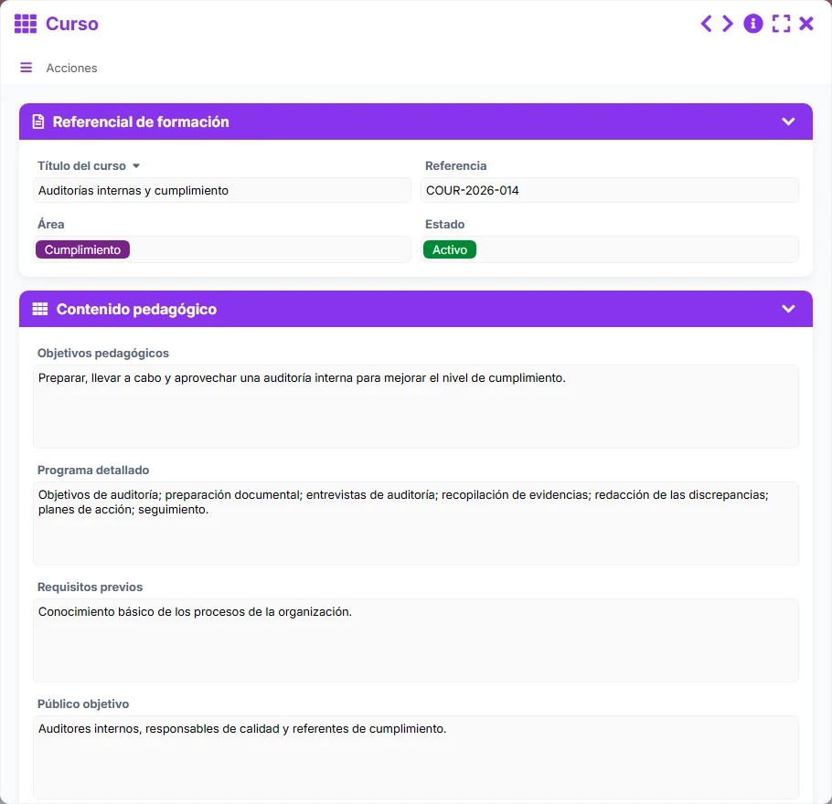 Seguimiento de formaciones - vista previa del formulario